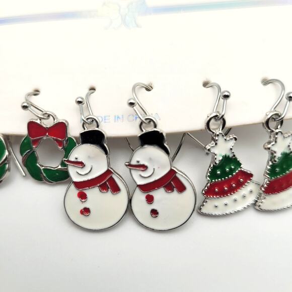 Holiday Christmas Fashion Earrings 3 Pair Tree Snowman Wreath Gift  Silver Tone - Picture 3 of 5